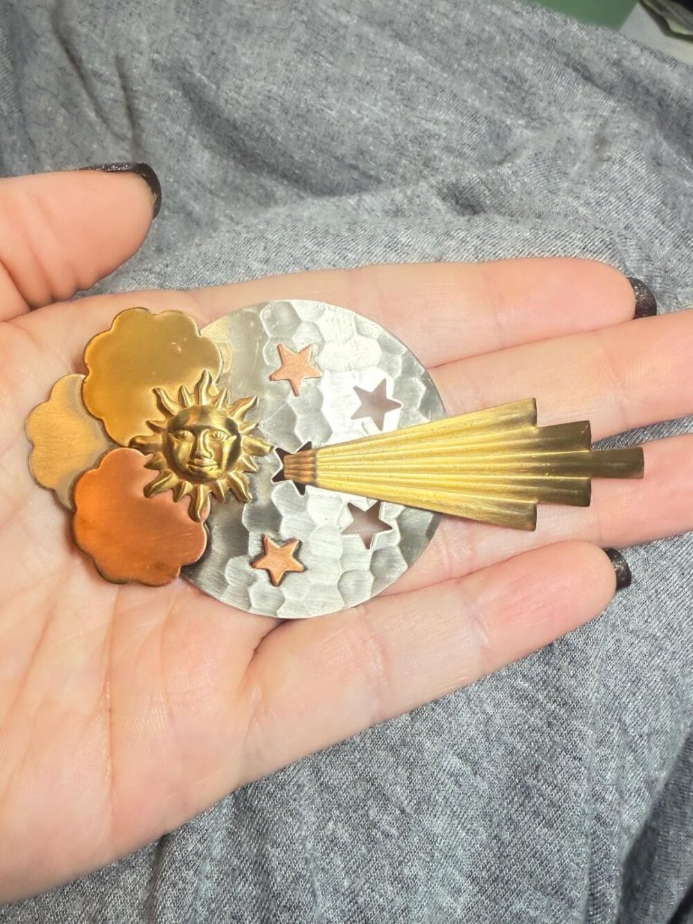Celestial Sun Moon Stars Brooch Mixed Metal Artisan Made 3.75"